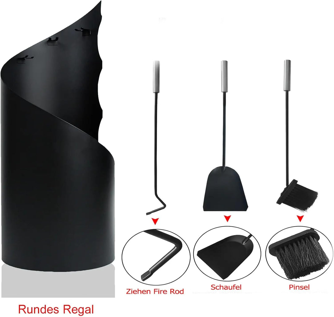 Kaminbesteck Schwarz 4-TLG. Edelstahl Kamingarnitur mit Ständer, Ascheschaufel, Besen &amp; Schürhaken –