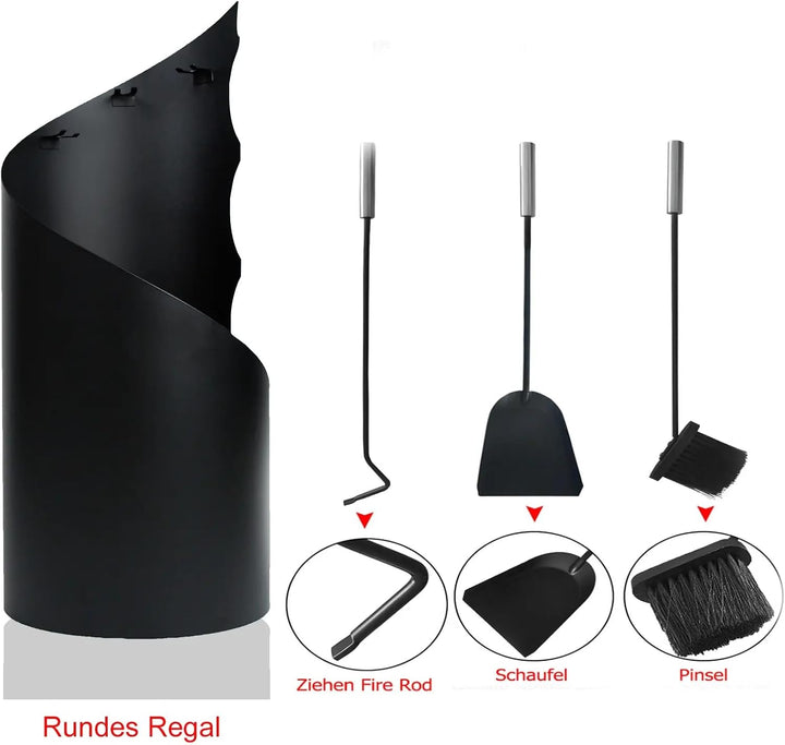 Kaminbesteck Schwarz 4-TLG. Edelstahl Kamingarnitur mit Ständer, Ascheschaufel, Besen &amp; Schürhaken –