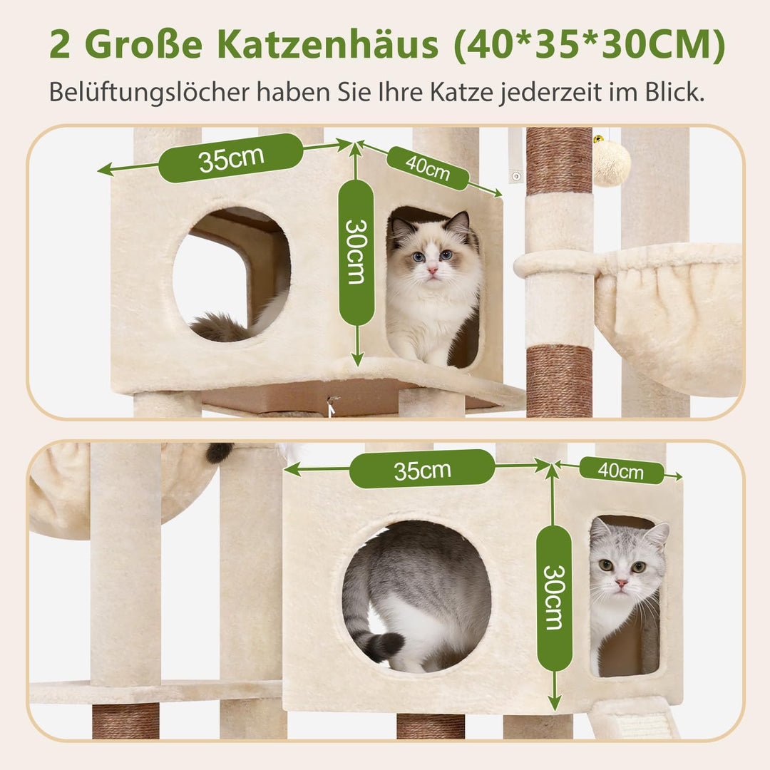 Globlazer Kratzbaum Stabil hoch 182 cm mit 2 Grosse Gepolsterte Plattformen, 2 Katzenhaus, 2 Korb, S