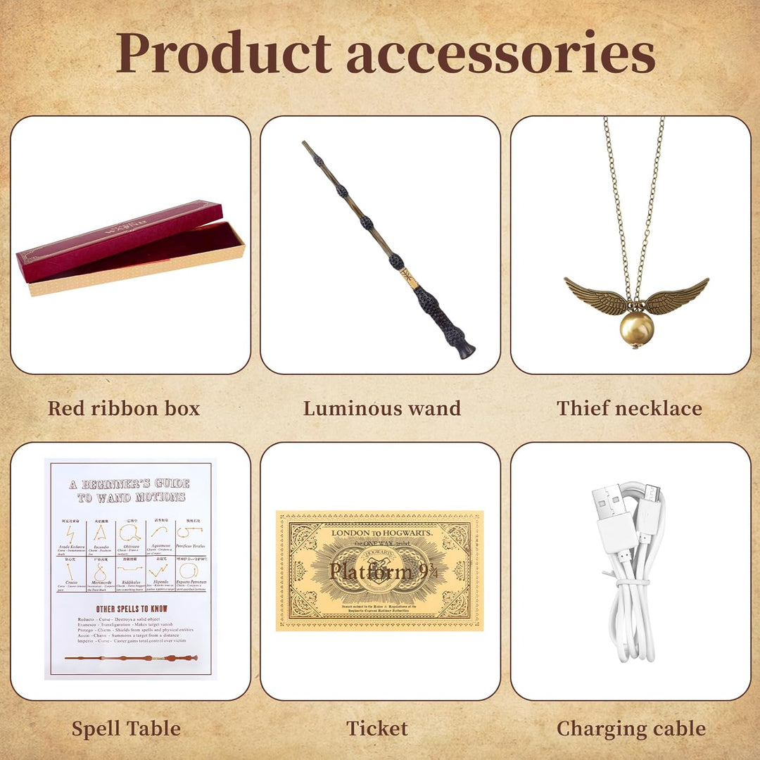 PLLYPE Zauberstab mit Licht, 38cm USB Aufladung Elderstab, Magic Wand in Geschenkbox mit Zauberspruc