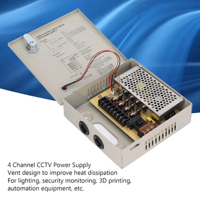 4-Kanal-12-V-Netzteilbox, CCTV-Netzteil mit Metallbox und Schloss für Überwachungskameras, DVRs, IP-