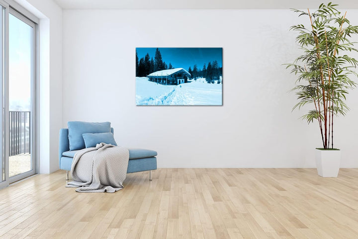 deyoli Skihütte im Winter Format 60x40 Effekt: Monocrome Blau als Leinwandbild, Motiv fertig gerahmt