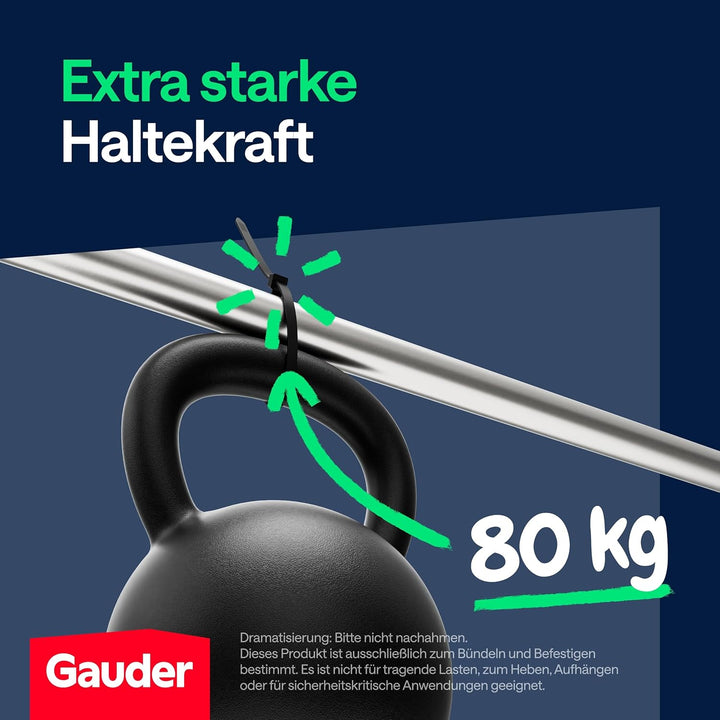 GAUDER Kabelbinder schwarz (80 kg Zugfestigkeit) - Extra starke und lange Kabelbinder für Kabelmanag