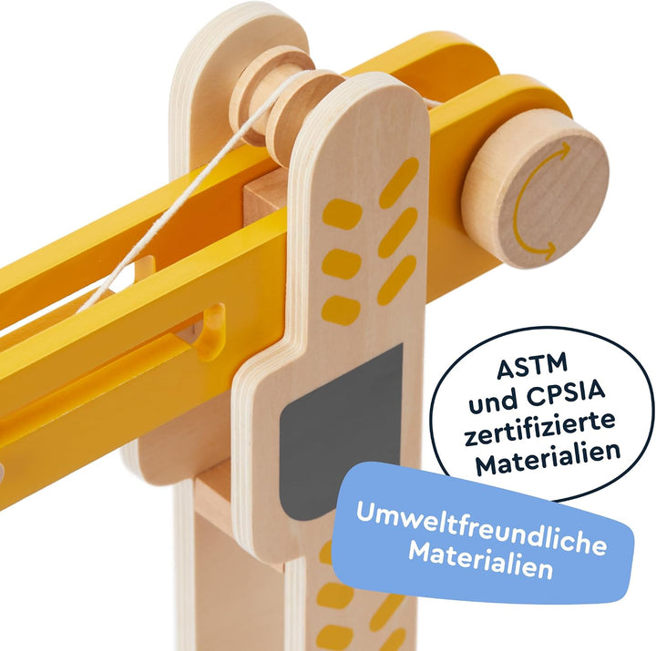 Holzspielzeug Baustelle mit Turmkran, Baufahrzeuge, Betonmischer, Ampel, Verkehrszeichen, Baustellen