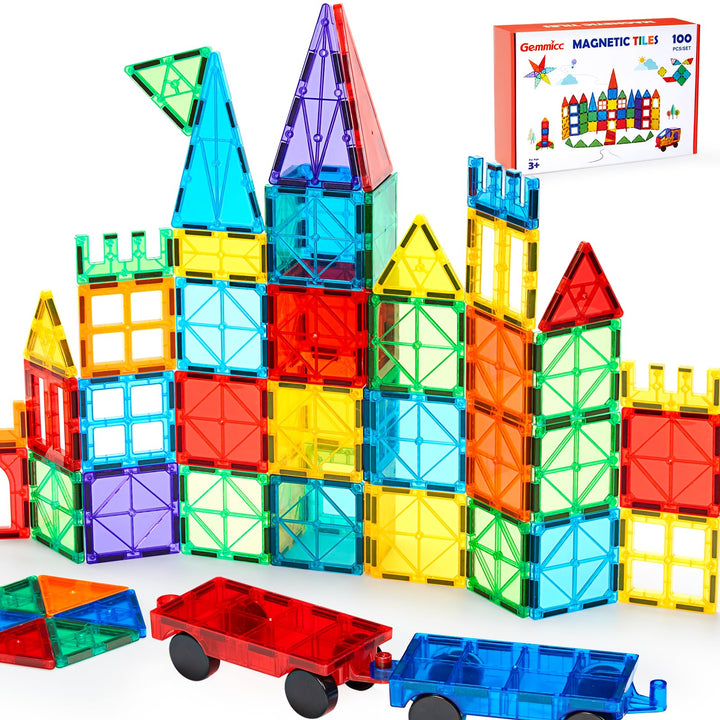 Gemmicc Magnetische Bausteine 100-teilig mit 2 Autos, STEM-zertifiziertes edukatives Magnetspielzeug