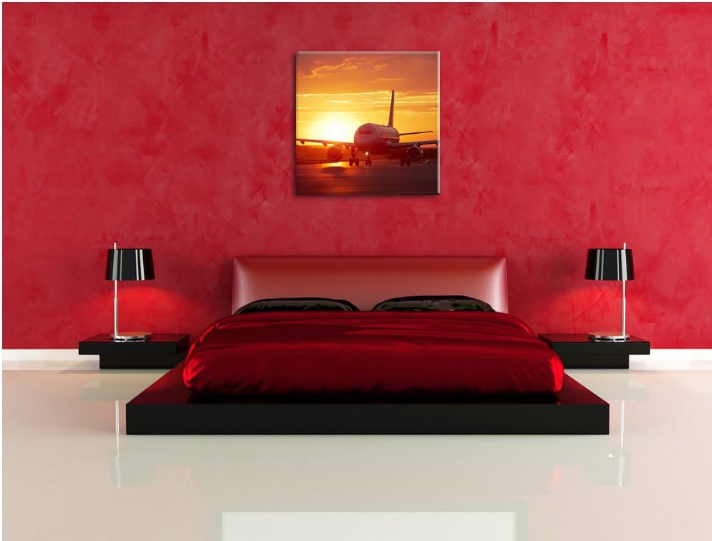 Pixxprint Flugzeug im Sonnenuntergang 70x70cm Leinwandbild Wandbild Kunstdruck, 70x70