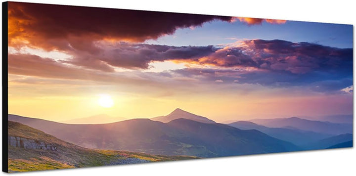 Paul Sinus Art Panoramabild auf Leinwand und Keilrahmen 150x50cm Ukraine Berge Wiese Blumen Abendson