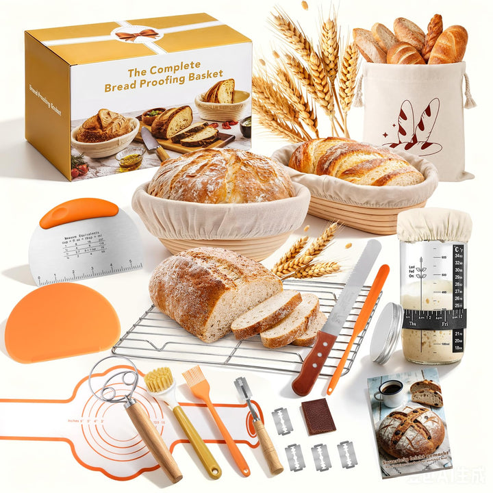 Sauerteig Starter Set mit 2 Gärkörbchen, Brotbackzubehör für Hobbybäcker | Brot Gärkorb Set mit Gärk