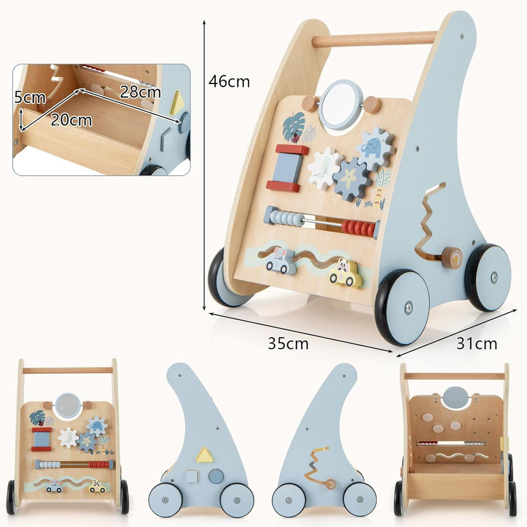 DREAMADE Lauflernwagen Holz, Baby Lauflernhilfe mit Spiegel & Spielzeug, Gehfrei Baby Holzspielzeug