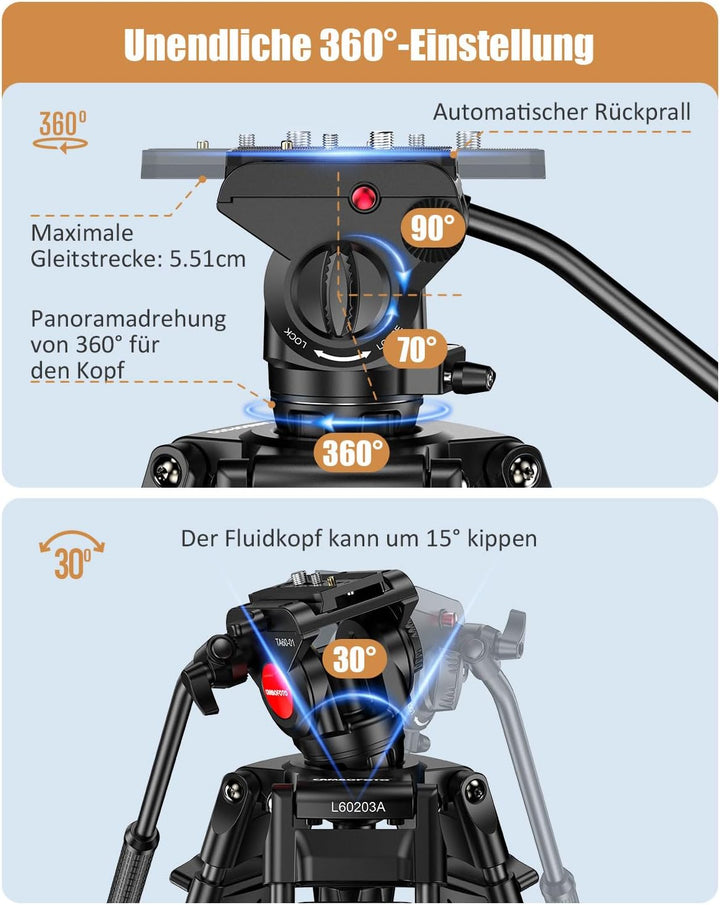 CAMBOFOTO Videostativ mit 360° Flüssigkopf, 188cm Professionelles Aluminium Schwerlast Filmstativ fü