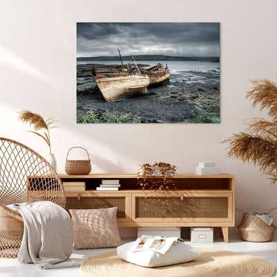 Bilder auf Leinwand 100x70cm Leinwandbild mit Rahmen Boot Wrack Ufer Gross Wanddeko Bild Schlafzimme