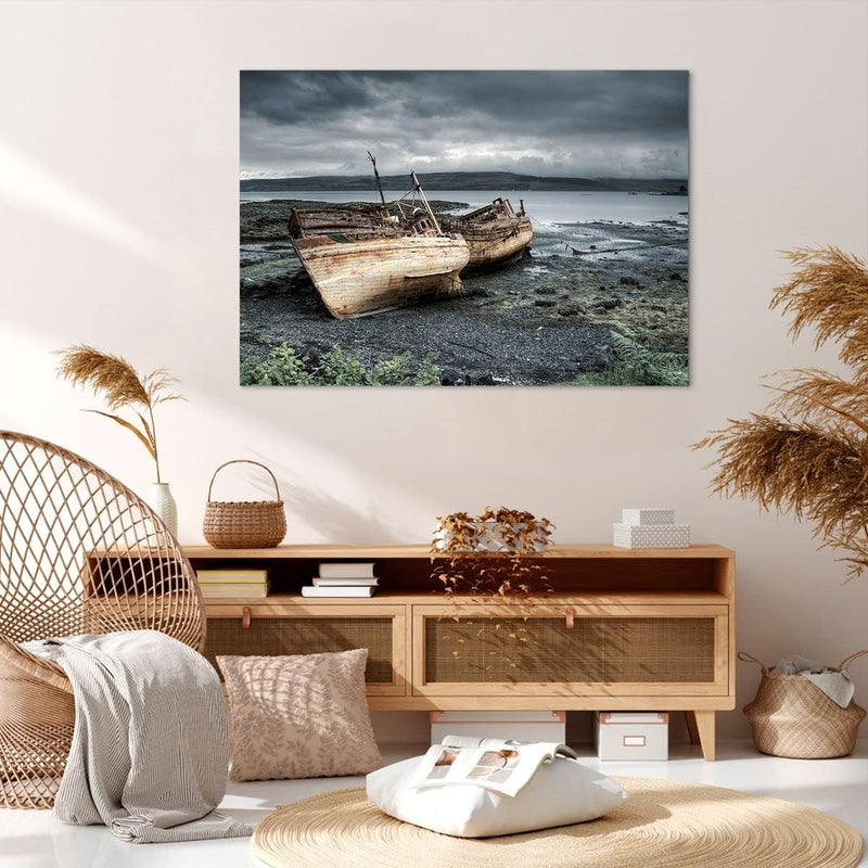 Bilder auf Leinwand 100x70cm Leinwandbild mit Rahmen Boot Wrack Ufer Gross Wanddeko Bild Schlafzimme