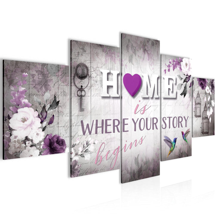 Runa Art Bild Wohnzimmer Home 5 Teilig Vintage Grau Lila Wandbilder auf Vlies Leinwand 037653b