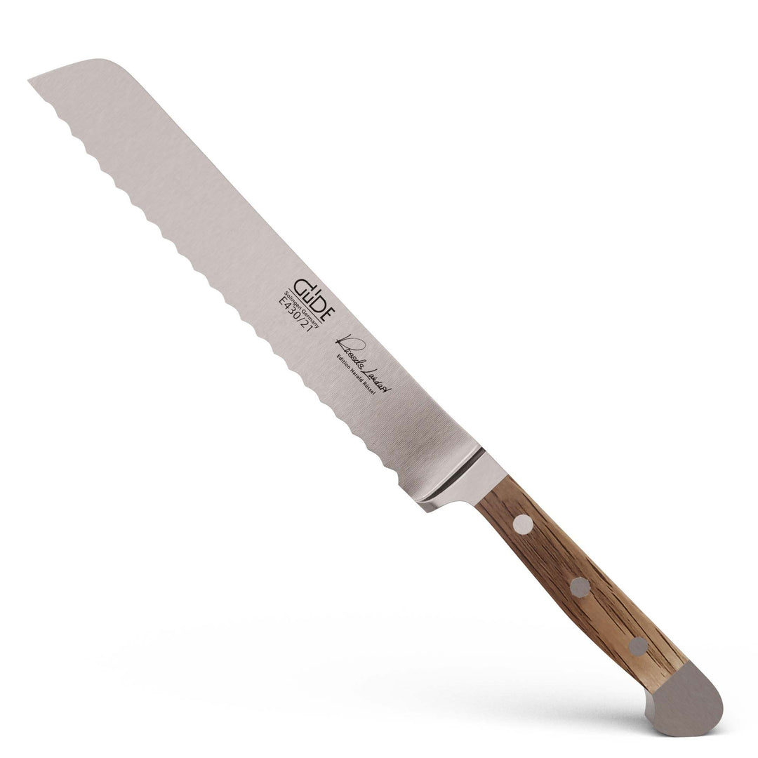 GÜDE Solingen - Brotmesser geschmiedet, 21 cm, Fasseichenholz, ALPHA FASSEICHE, Doppelkropf, Handmad