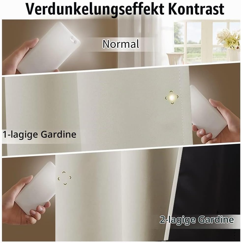 PONY DANCE Kurze Gardinen Beige Blickdicht Ösenvorhang 2er Set H 160 x B 140 cm 100% Verdunkelungsvo