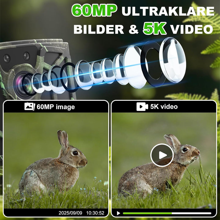 Wildkamera mit Handyübertragung App, 5K Video 60MP Full HD WLAN Bluetooth Wildtierkamera Nachtsicht