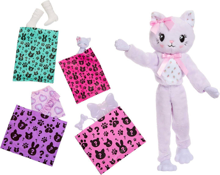 Barbie Cutie Reveal Puppe und Zubehör, Kätzchen der Cuddly-Reihe mit 10 Überraschungen, inklusive Fa