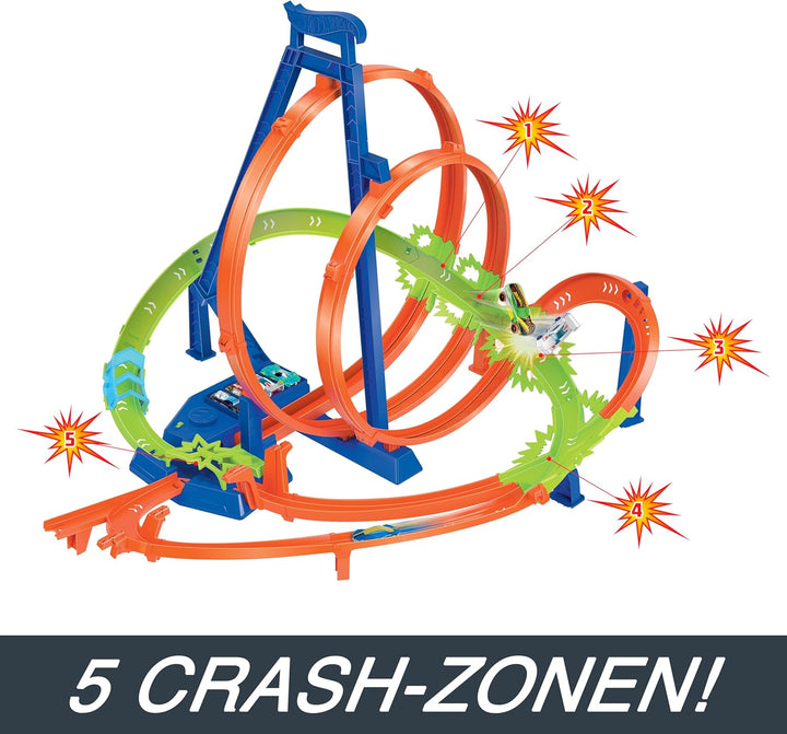 Hot Wheels Track Set, Episches Crash-Rennen mit 5 Crash-Zonen, motorisiertem Beschleuniger und 1 Aut