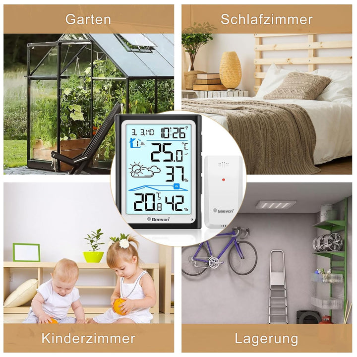 Geevon Wetterstation Funk mit Aussensensor, DCF Digital Wettervorhersage, Innen/Aussen Temperatur Hy