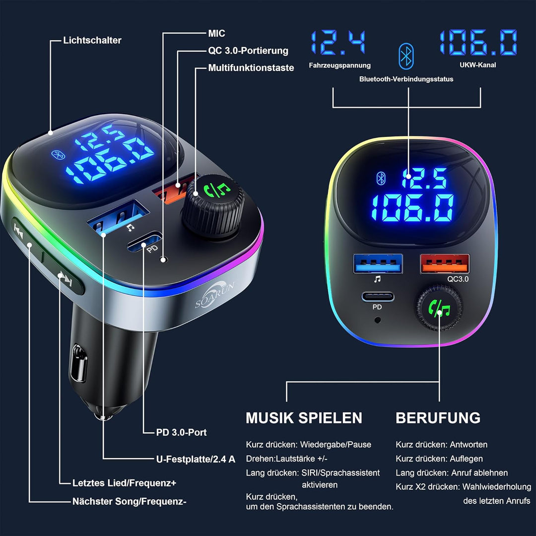 Bluetooth 5.3 FM Transmitter,38W KFZ Musik Adapter für Auto Radio,PD&QC3.0 Schnellladung mit Spannun