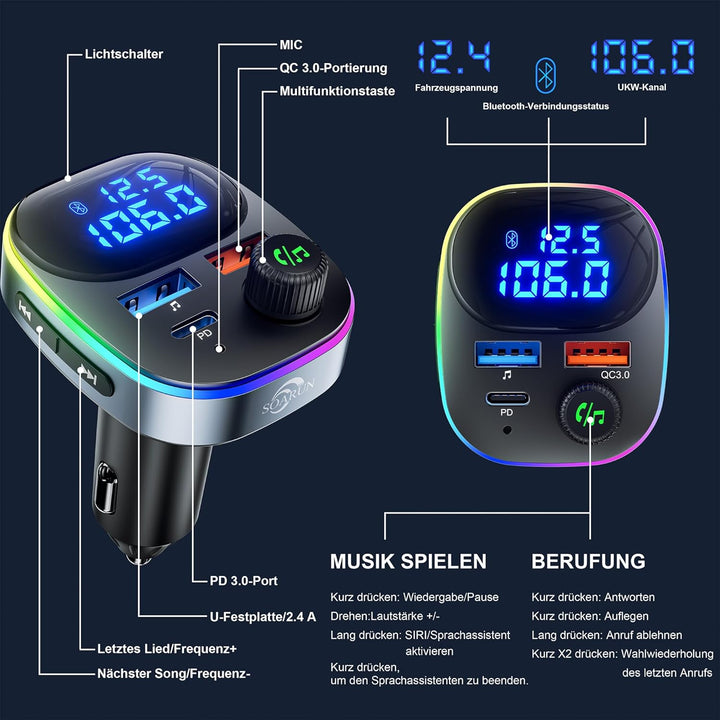 Bluetooth 5.3 FM Transmitter,38W KFZ Musik Adapter für Auto Radio,PD&QC3.0 Schnellladung mit Spannun