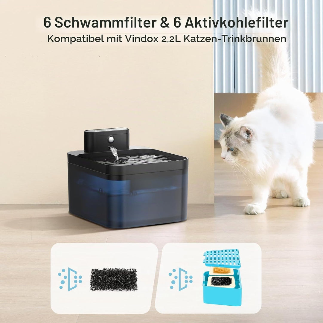 2.5L Katzenbrunnen Kabellos Filter und 6 Stück Aktivkohle Ionenaustauschharz Filter und 6 Stück Pump