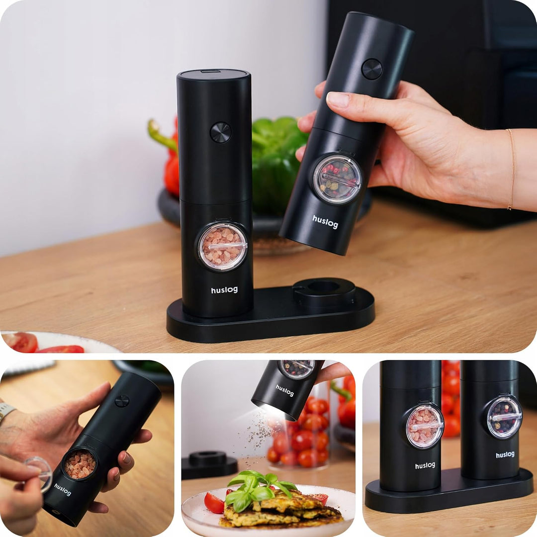 Elektrische Salz und Pfeffermühlen 2er Set, Ständer und einstellbarem, Batteriebetrieben, Schwarz