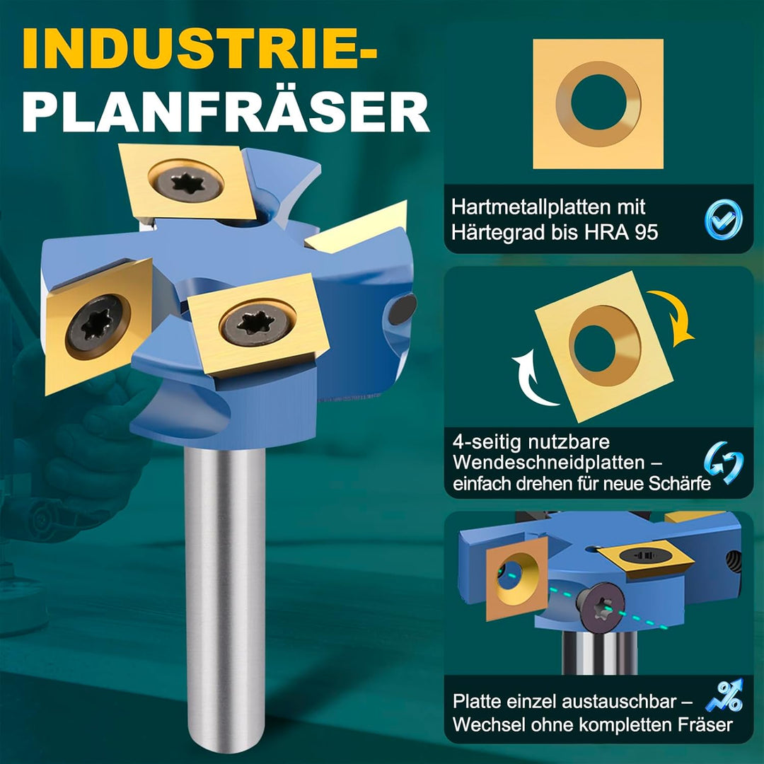 Planfräser 8mm Schaft 4 Zähne Ø 38.1mm Planfräser für oberfräse Hobmlfräser mit Wendeplatten Nutfräs