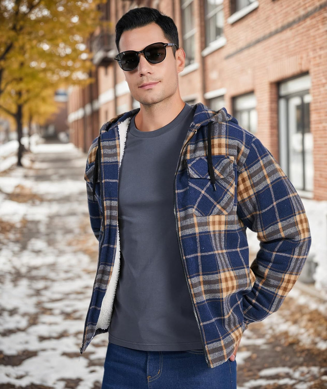 JACKETOWN Hemdjacke Kariertes Herren hoodies Flanelljacke Warm Thermohemd Herren Holzfäller Jacke Ve