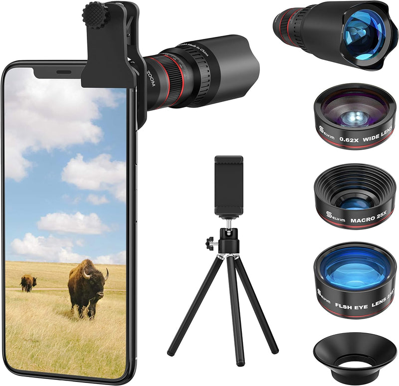 Selvim Objektiv Handy Linse Kit Lens Set, 4 Arten mit Stativ, 22x Teleobjektiv, 25x Makroobjektive,