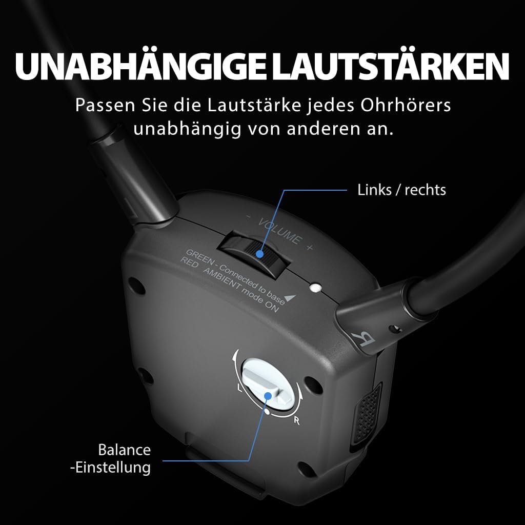 Avantree HT3831 – Kabellose TV Kopfhörer für Senioren &amp; Funkkopfhörer mit L/R Lautstärkeregelung, Um