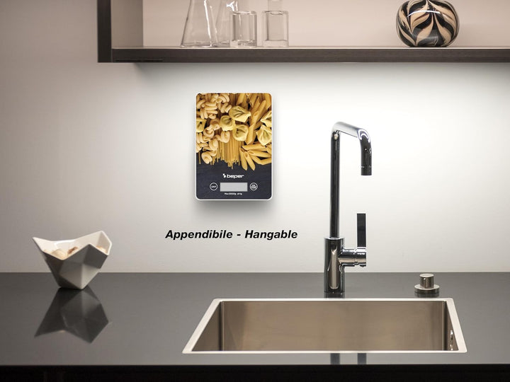 BEPER P102BIL003 Digitale Waage, Platte aus gehärtetem Glas, Küchenwaage mit LCD-Display und Touch-T