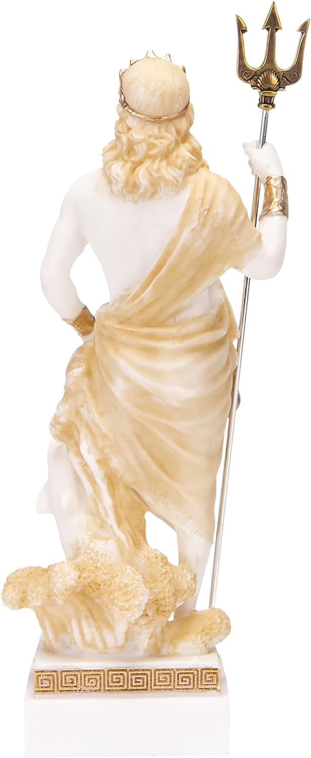 Poseidon Griechischer Gott des Meeres mit Dreizack Statue Figur Gold Alabaster 25,4 cm