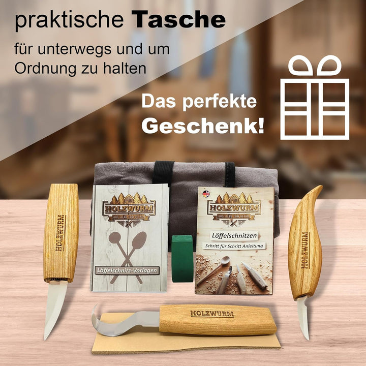 Holzwurm Holz Schnitzmesser-Set inkl. Tasche, Anleitung und Vorlagen, ideales Schnitzwerkzeug-Set zu