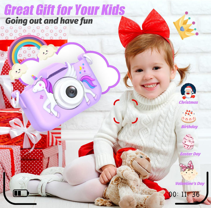 Einhorn Kinderkamera, Weihnachten Geburtstag Geschenke für Mädchen Jungen Alter 3-12, 1080P HD Selfi