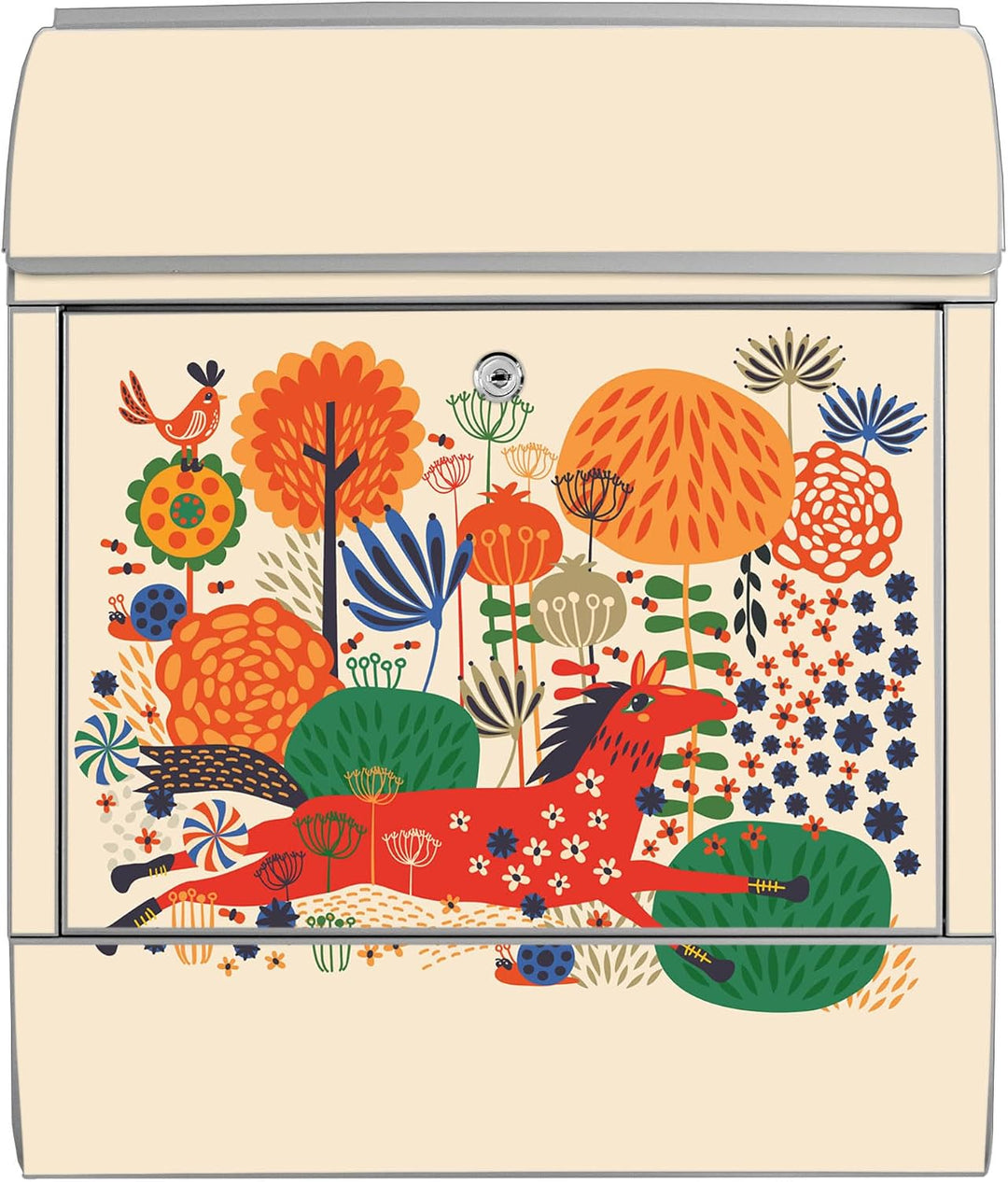 banjado® Design Briefkasten mit Motiv Rotes Pferd 39x47x14cm &amp; 2 Schlüssel - Briefkasten Stahl Silbe