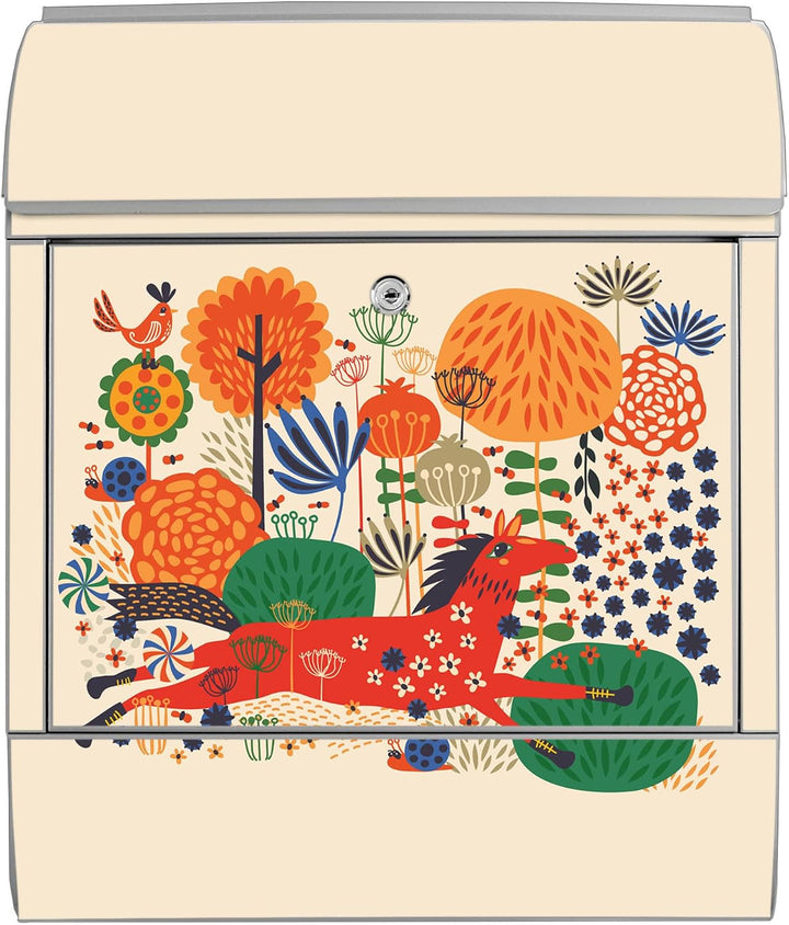 banjado® Design Briefkasten mit Motiv Rotes Pferd 39x47x14cm &amp; 2 Schlüssel - Briefkasten Stahl Silbe