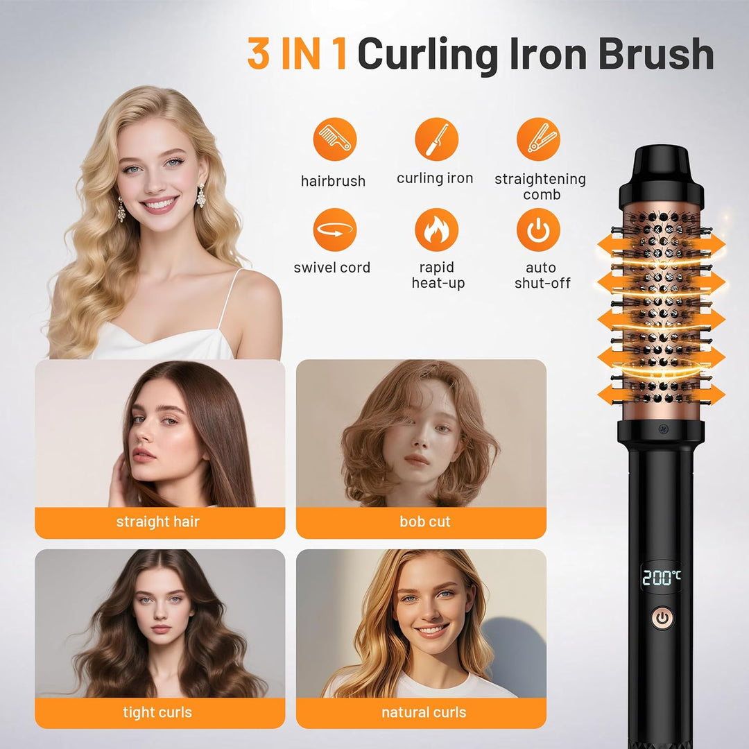 Thermobürste 3 in 1, 38mm Thermal Brush LCD 120-200℃ Dual PTC Heated Round Brush, Lockenbürste, Glät