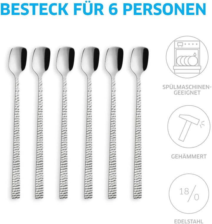 Amefa FELICITY Latte Macchiato Löffel/Longdrinklöffel Set 6-teilig, Hochwertige Löffel lang, Gehämme