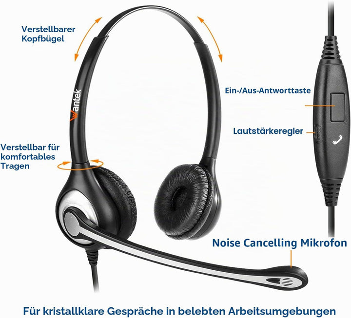 Headset Handy Binaural mit Noise Cancelling Mikrofon, WANTEK Smartphone Kopfhörer für iPhone Samsung