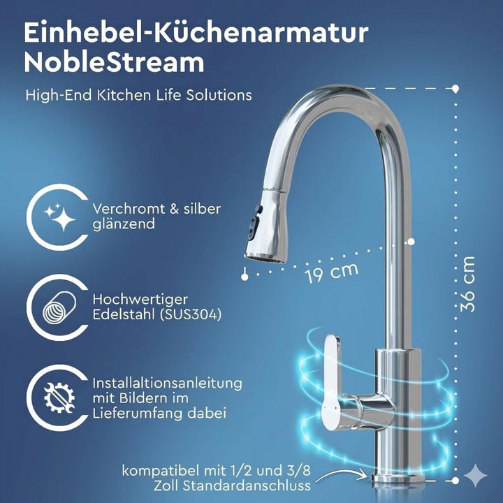 Küchenarmatur – 360° Wasserhahn Küche mit ausziehbarer Brause, Edelstahl Spültischarmatur Hochdruck,