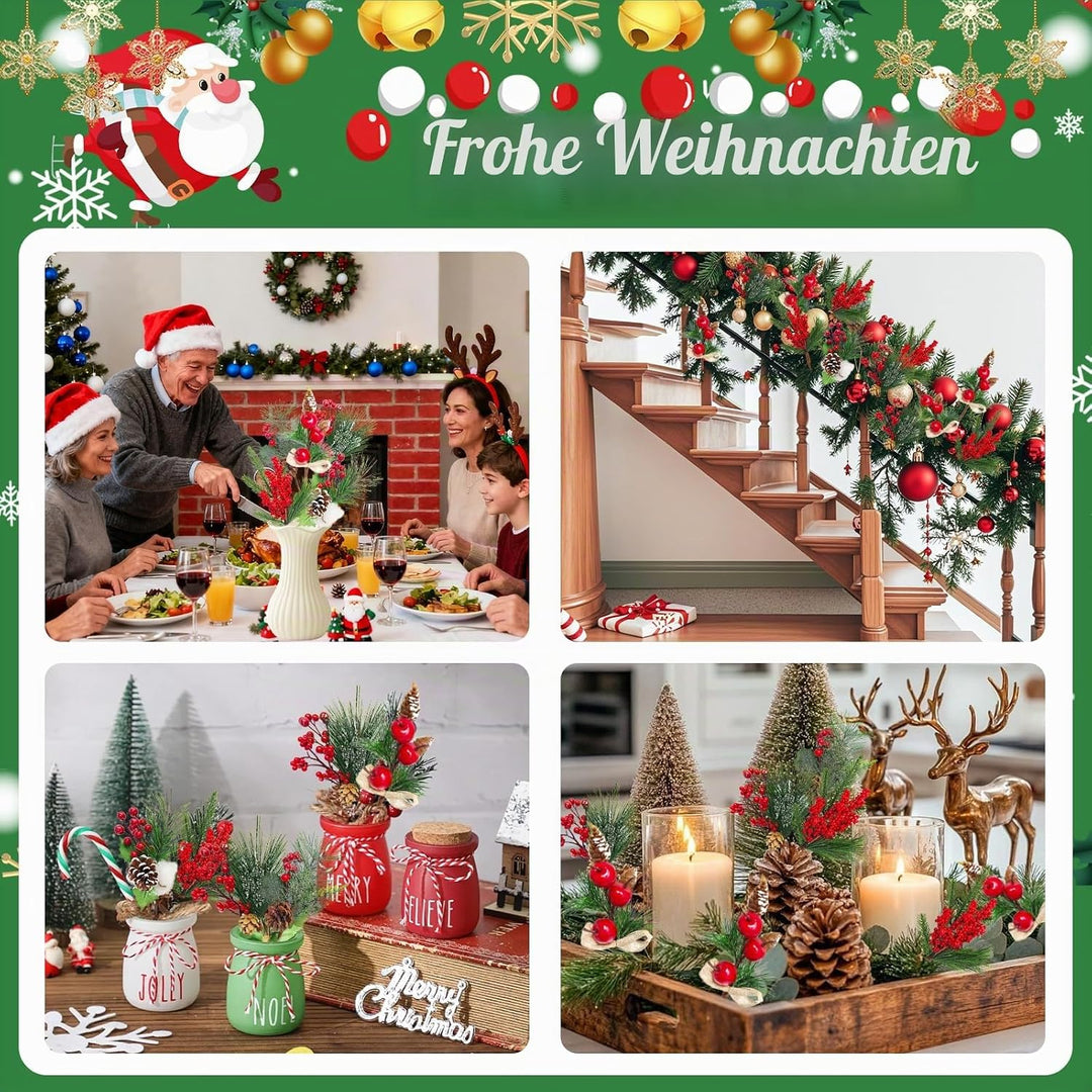 Morofme Künstliche Tannenzweige mit Rote Beeren Deko 6 Stück, Weihnachtszweige mit Tannenzapfen, Bau