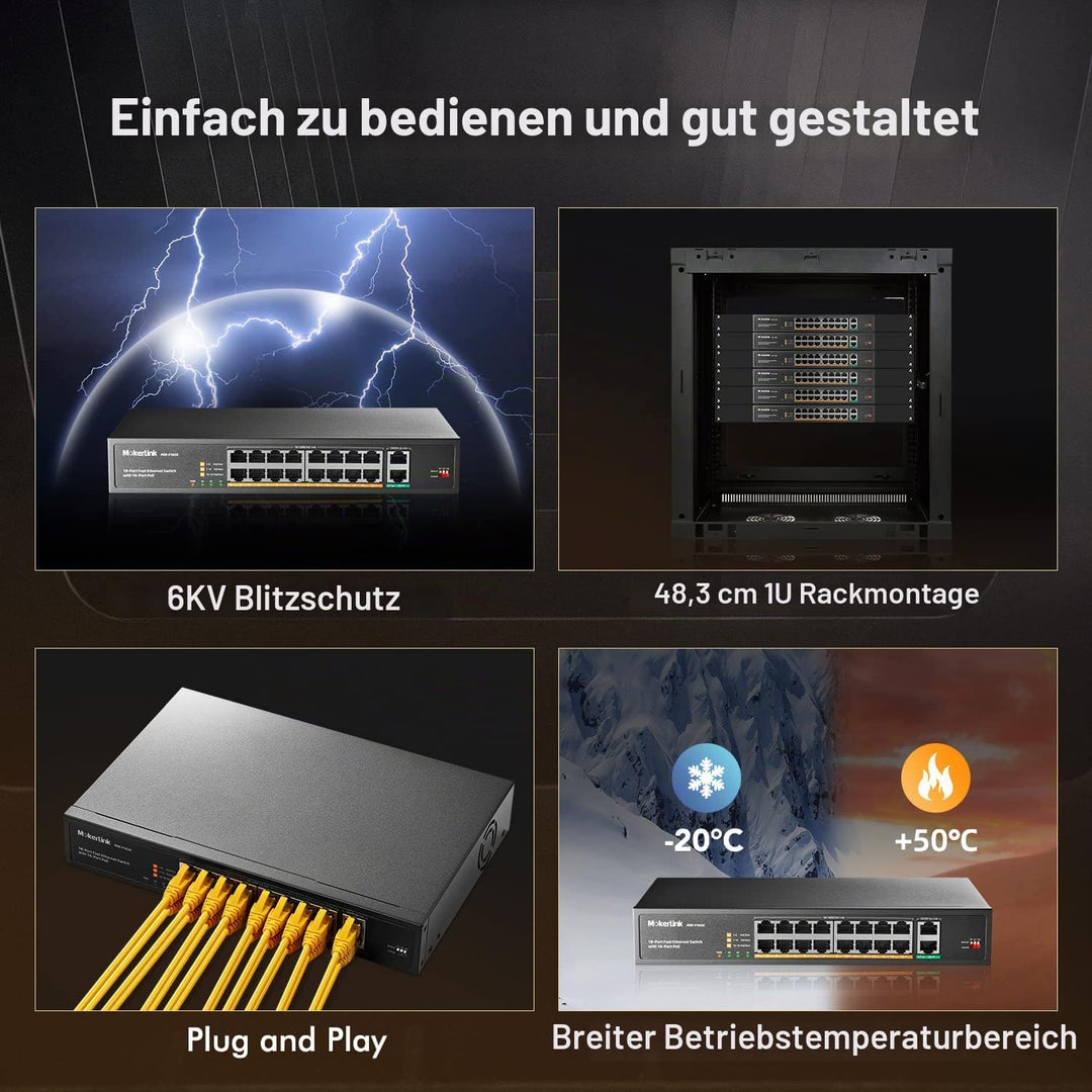 MokerLink 18 Port PoE Switch, 16 PoE+ 10/100Mbps, 2 Gigabit Uplink , 250W Hochleistung, Unterstützun