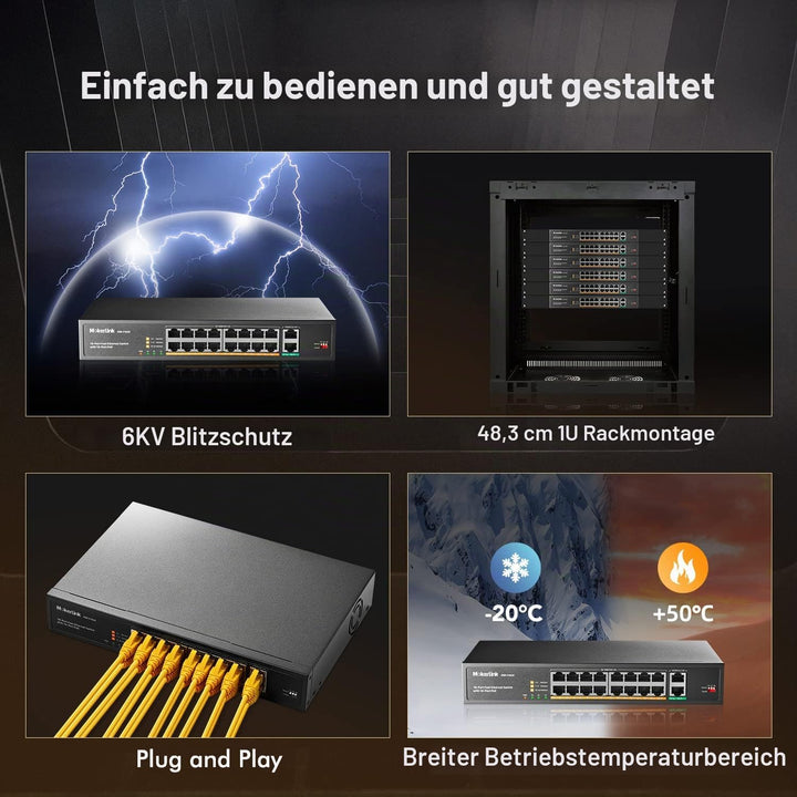 MokerLink 18 Port PoE Switch, 16 PoE+ 10/100Mbps, 2 Gigabit Uplink , 250W Hochleistung, Unterstützun