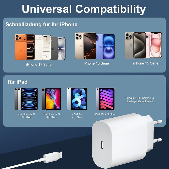 USB C Ladegerät mit Ladekabel für iPhone 17 16 15 Pro Max Air Plus 25W USB-C Schnellladegerät mit 2M