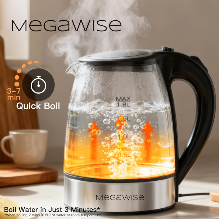 MEGAWISE 1.8L gesunder elektrischer Wasserkocher, 1000W Borosilikatglas Teekessel mit Lebensmittelqu