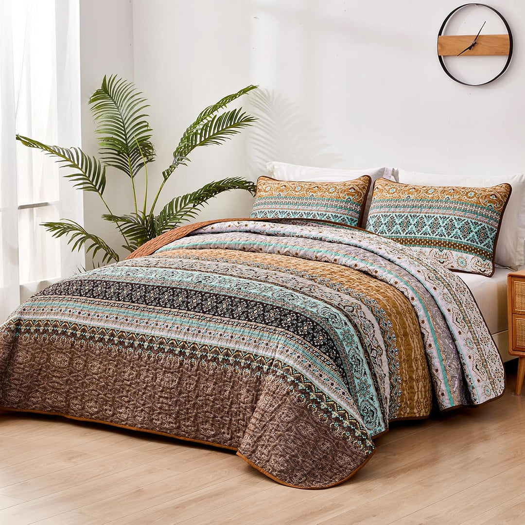 WONGS BEDDING Tagesdecke 220x240 Bettüberwurf Boho Decke Steppdecke 3 Teilig Doppelbett Gesteppt Bet