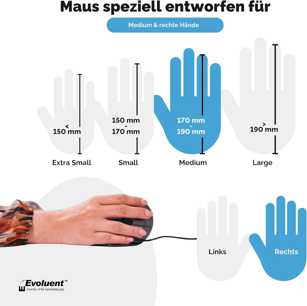 Evoluent VerticalMouse D – für Rechtshänder mit USB verkabelt, Grösse M, Medium, VMDM, Schwarz, Silb