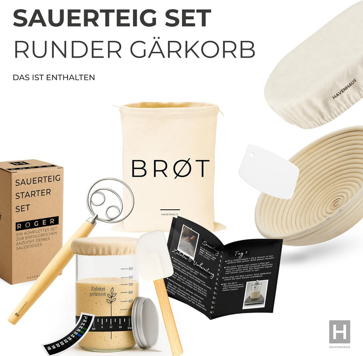 Brotbackset Gärkörbchen rund | Sauerteig Starter Set mit umfassendem Brot backen Zubehör | inklusive