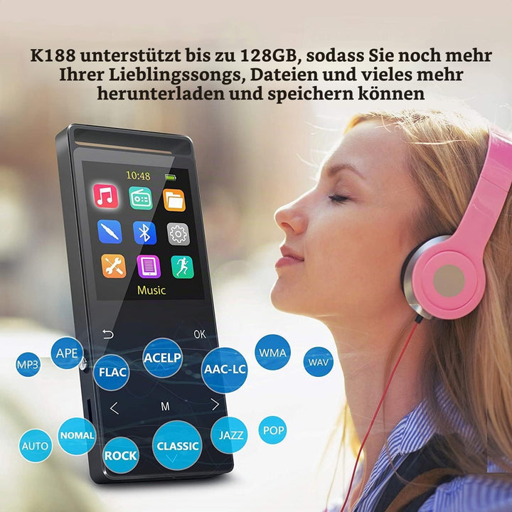 64GB MP3-Player, MUSRUN MP3 Player mit Bluetooth Armtasche, HiFi, AUX-Record, Sleeptimer, FM, FM-Rec